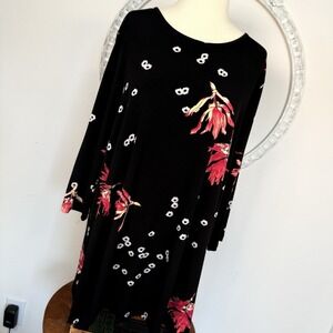 Clara Sun Woo Women's Black Floral Keyhole Liquid Knit Shirt size L Artsy Travel